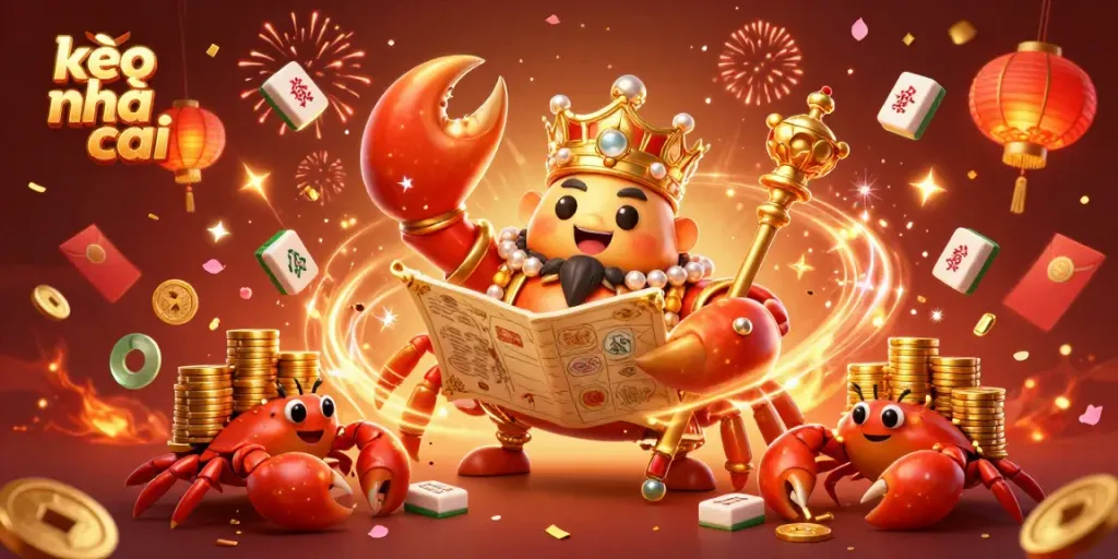Explore kèo nhà cái with a vibrant scene featuring a golden crab emperor and gambling elements.