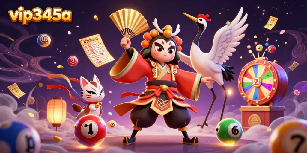 Experience vibrant gameplay with vip345a in this dynamic illustration featuring a kabuki warrior and lucky charms.