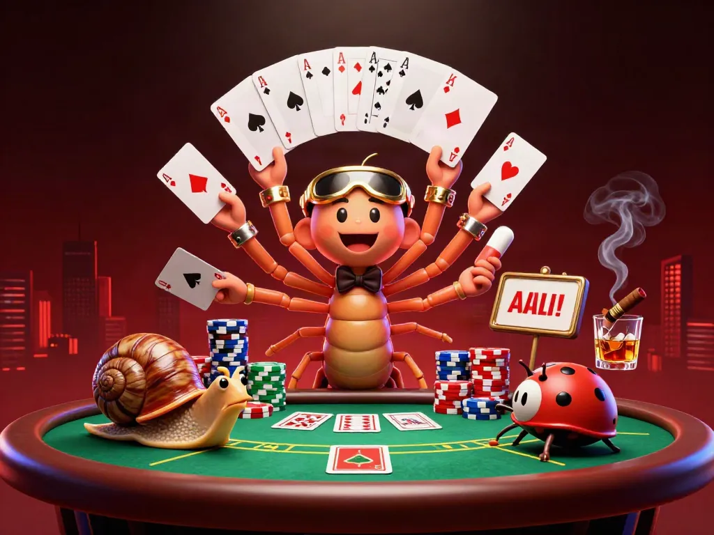 Engage with the exciting scene of a vibrant casino atmosphere showcasing ok33 trang chủ with a millipede dealer and snail high-roller.