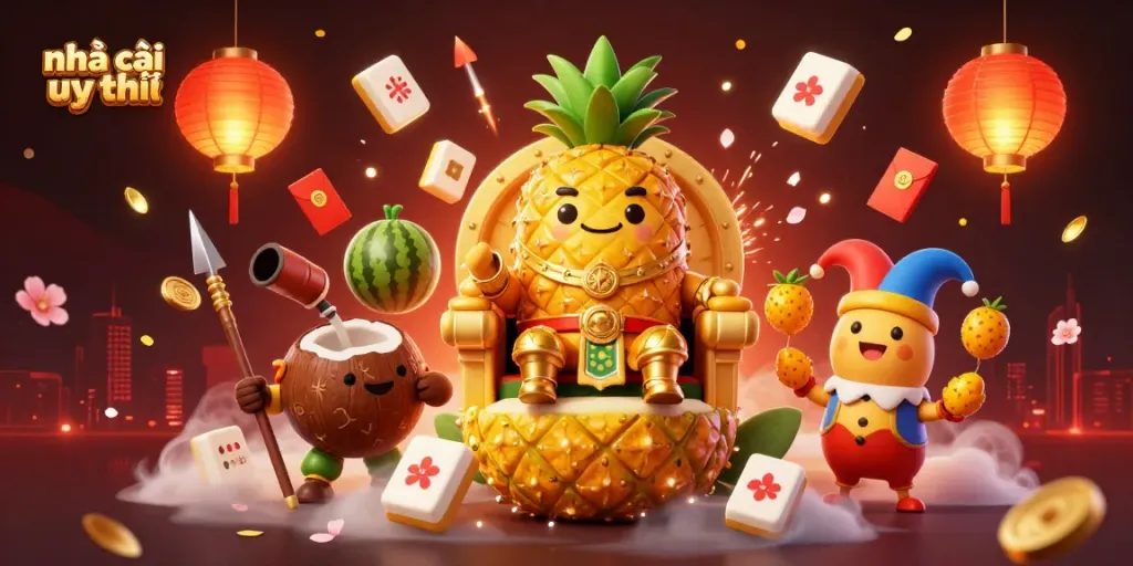 Experience the vibrant scene of nhà cái uy tín with a cartoon golden pineapple king and lively casino elements.