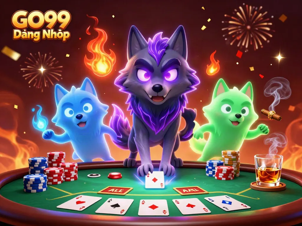 Engage with GO99 Đăng Nhập in a vibrant 3D casino scene featuring dynamic poker elements.
