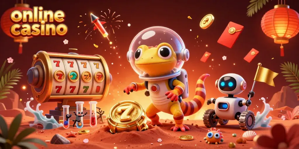 Experience the online casino magic with a Martian gecko exploring a golden casino on Mars with celebratory elements.