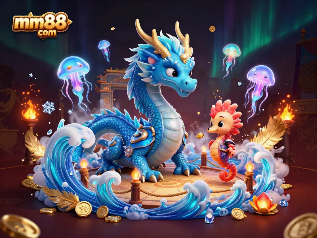 Experience the thrilling world of mm88 com with a vivid 3D rendering of a dragon and seahorse knight, surrounded by vibrant casino elements.