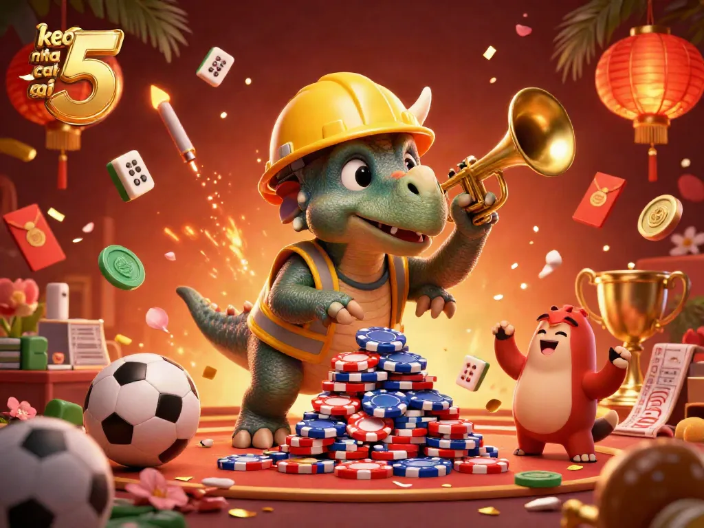 Celebrate with keo nha cai 5 as a triceratops builds a chip pyramid, filled with vibrant casino elements.