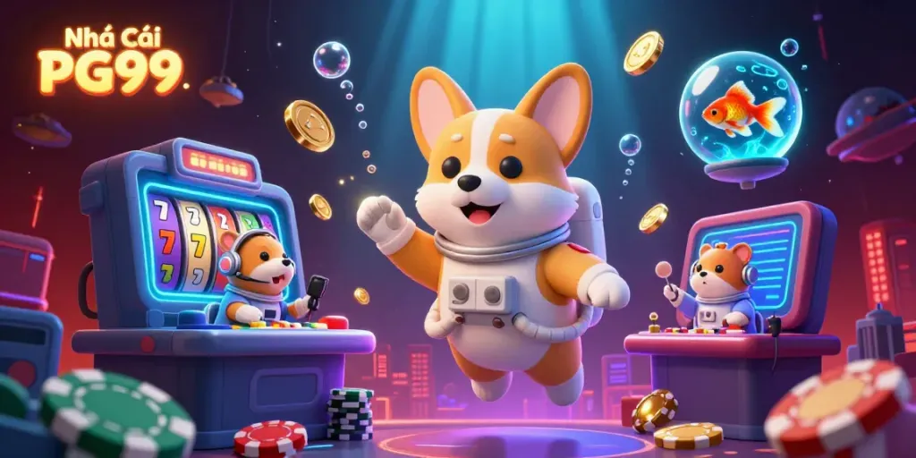 Play exciting games at Nhà Cái PG99 with a vibrant casino scene featuring characters and slot elements.