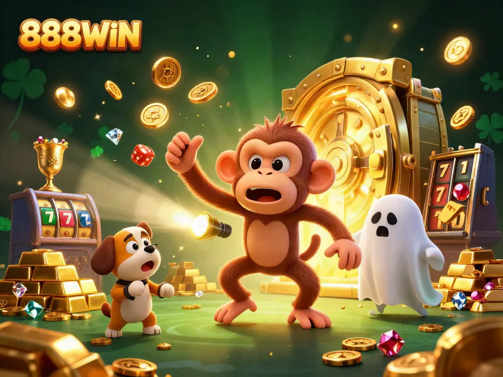 Engage with the thrilling 888WIN experience where a poltergeist monkey juggles treasures in a vibrant casino scene.