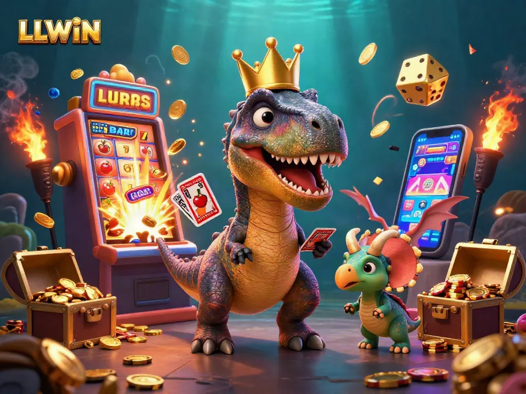 Experience thrilling LLWIN casino excitement with a T-Rex playing cards and a jackpot explosion.