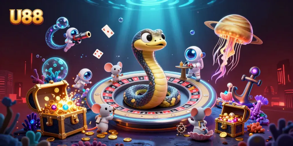U88 casino showcases astronaut mice betting on a cosmic roulette wheel, highlighting interactive gaming.