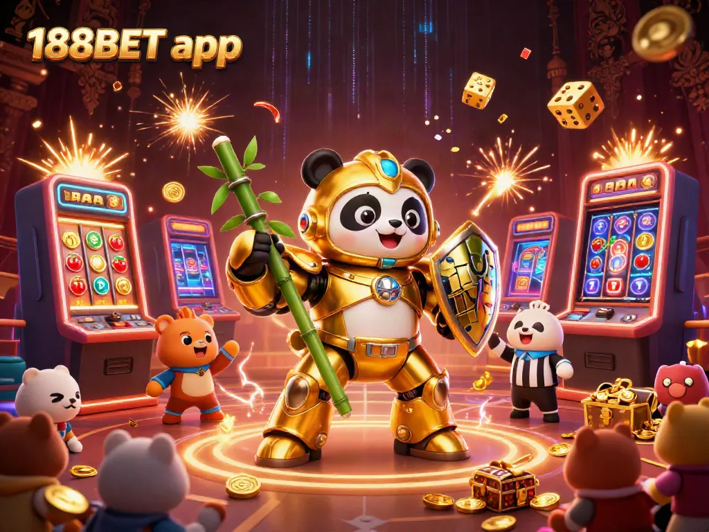 Experience the excitement of the 188BET app with a golden panda in a mech suit at a vibrant casino arena.
