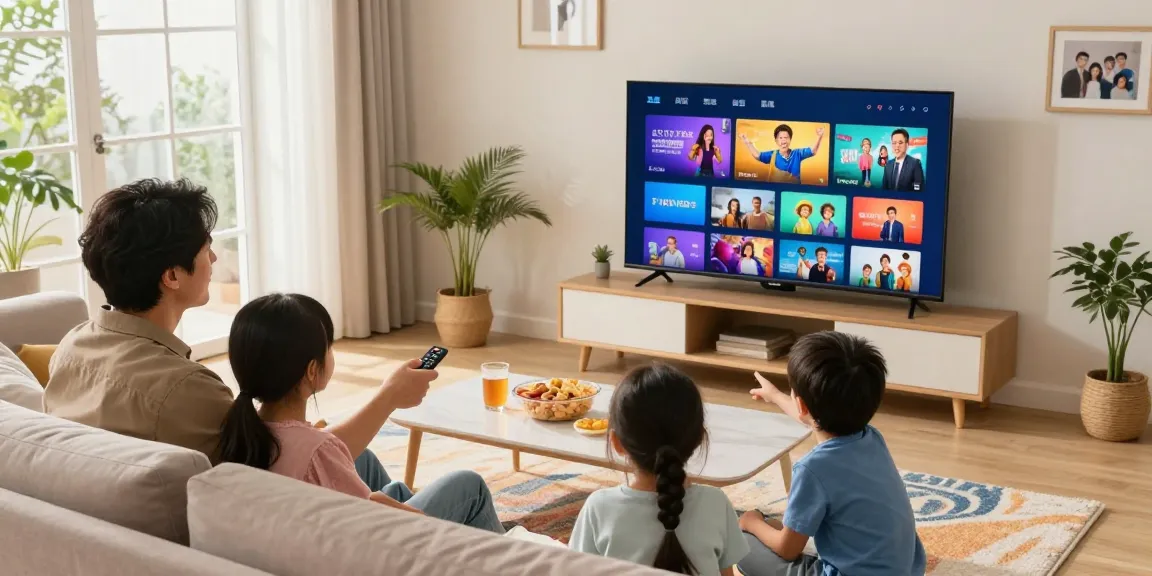 Família desfrutando de entretenimento IPTV na sala de estar aconchegante.