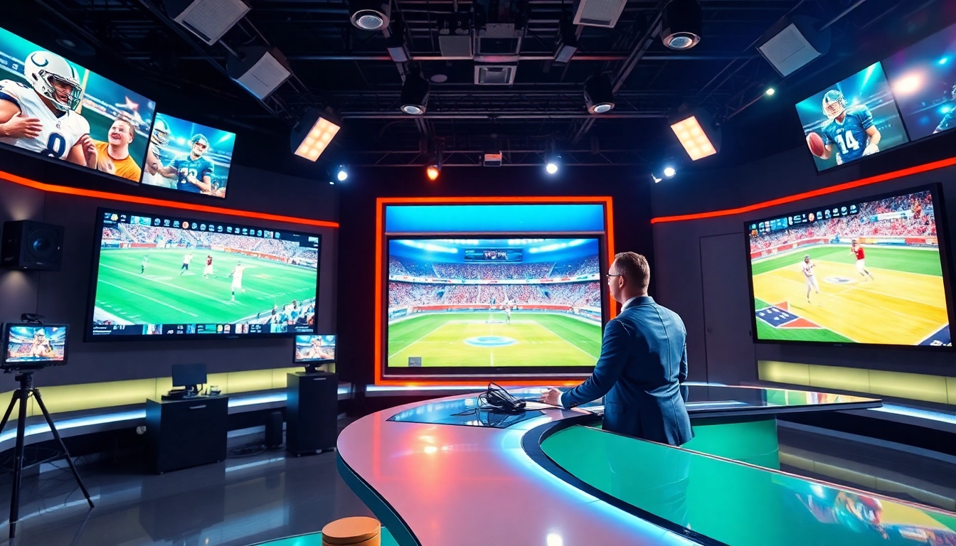 Dynamic sports broadcasting studio with presenter showcasing live events featuring Sports Broadcasting.