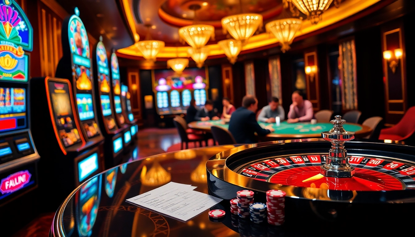 Cena empolgante de como escolher um site de cassino, apresentando mesas de cassino e jogadores envolvidos em jogos.