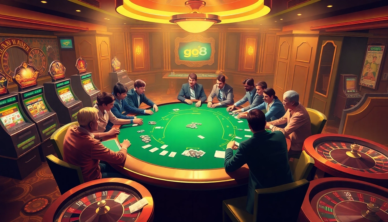 Engaged players at a go8 casino poker table showcase strategic gameplay under luxurious lighting.