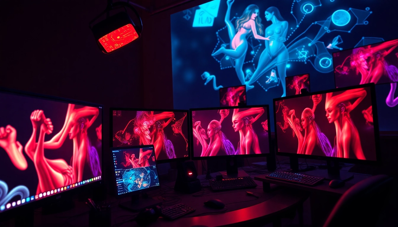 AI porn creation in a digital studio with vivid imagery and futuristic technology