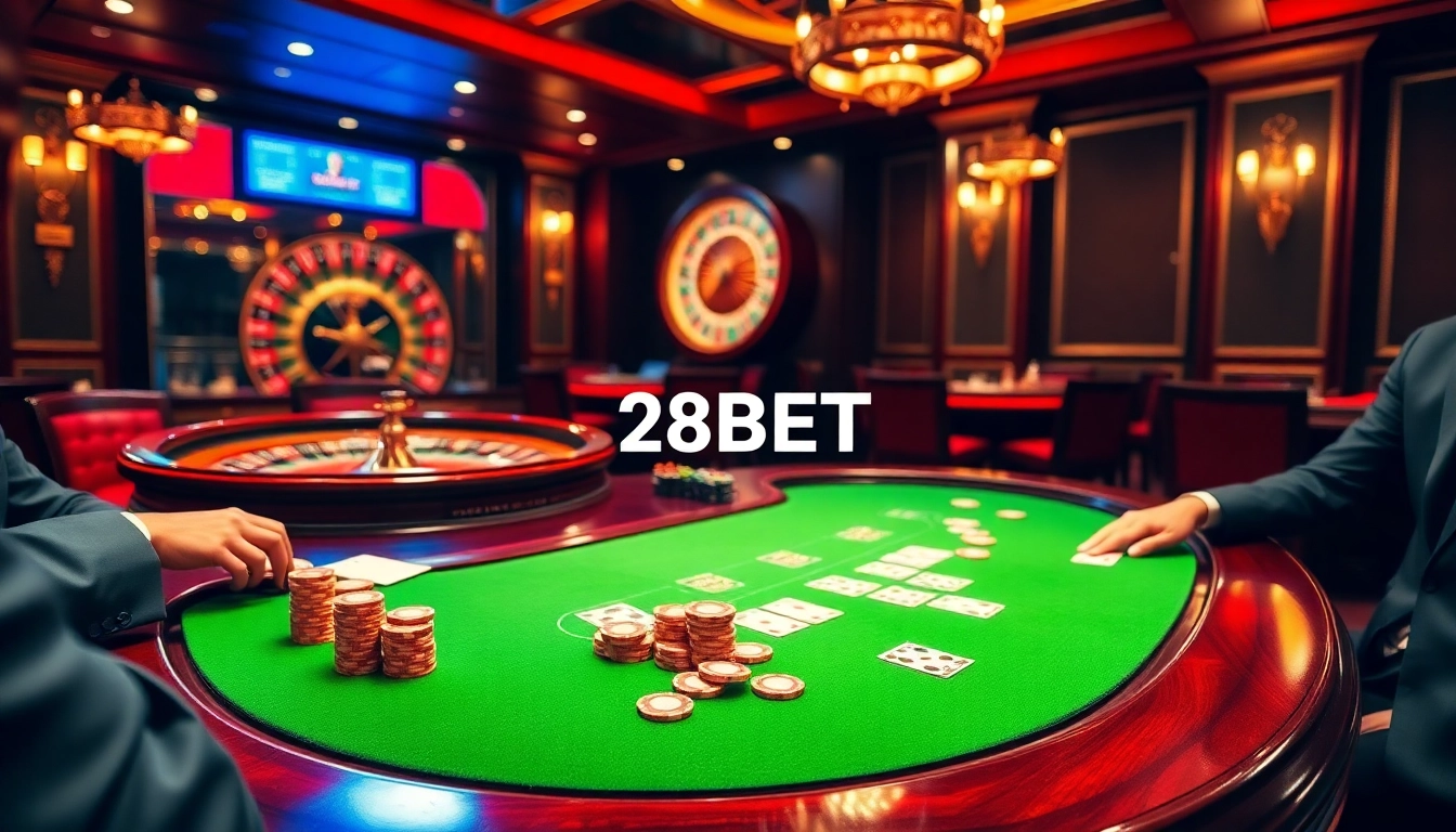 Players enjoying a poker game at the luxurious 28BET casino table, surrounded by chips and excitement.