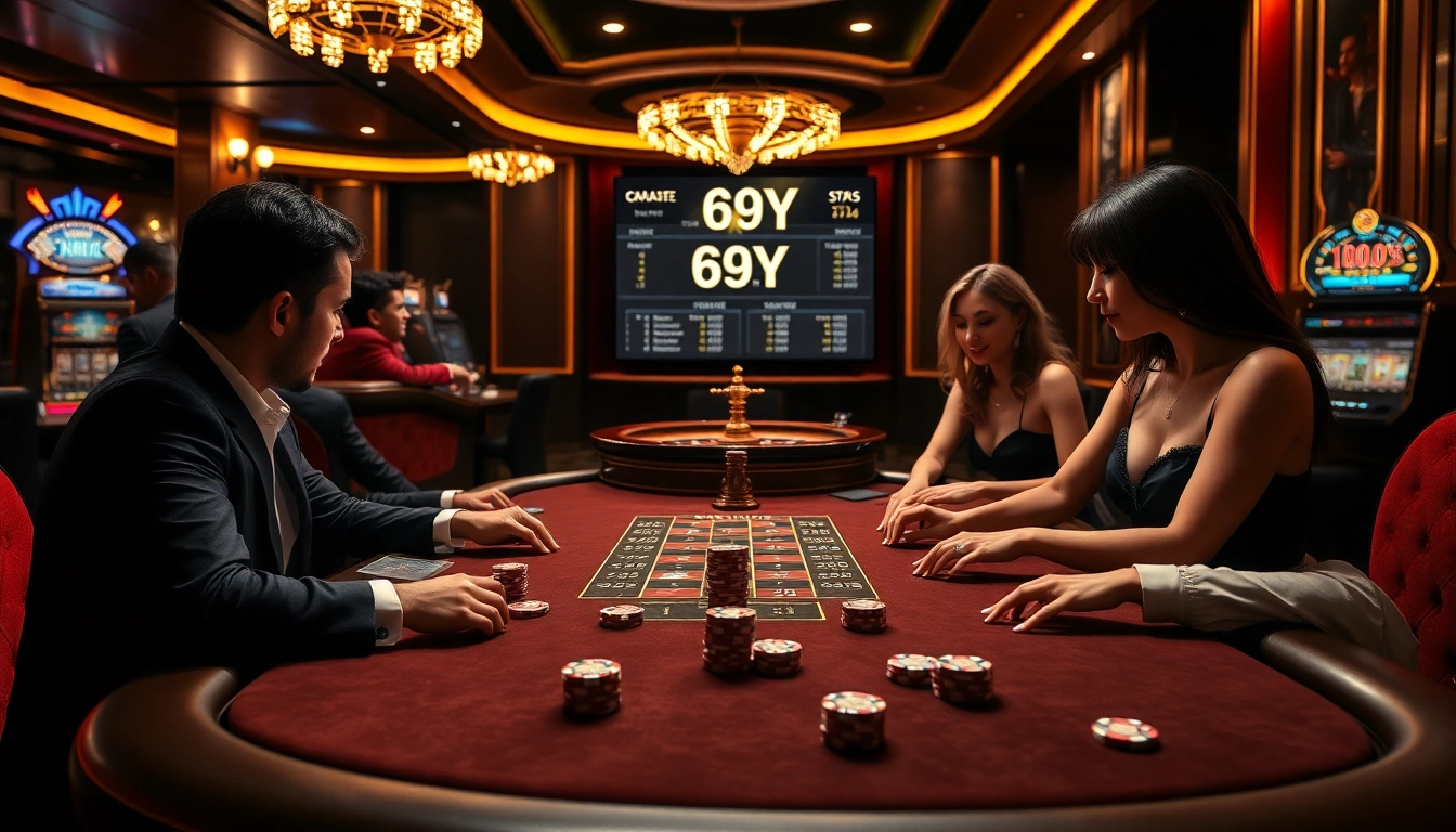 Jogadores participam de uma mesa de pôquer em um cassino de luxo com a marca 69Y e uma ação de jogo emocionante.