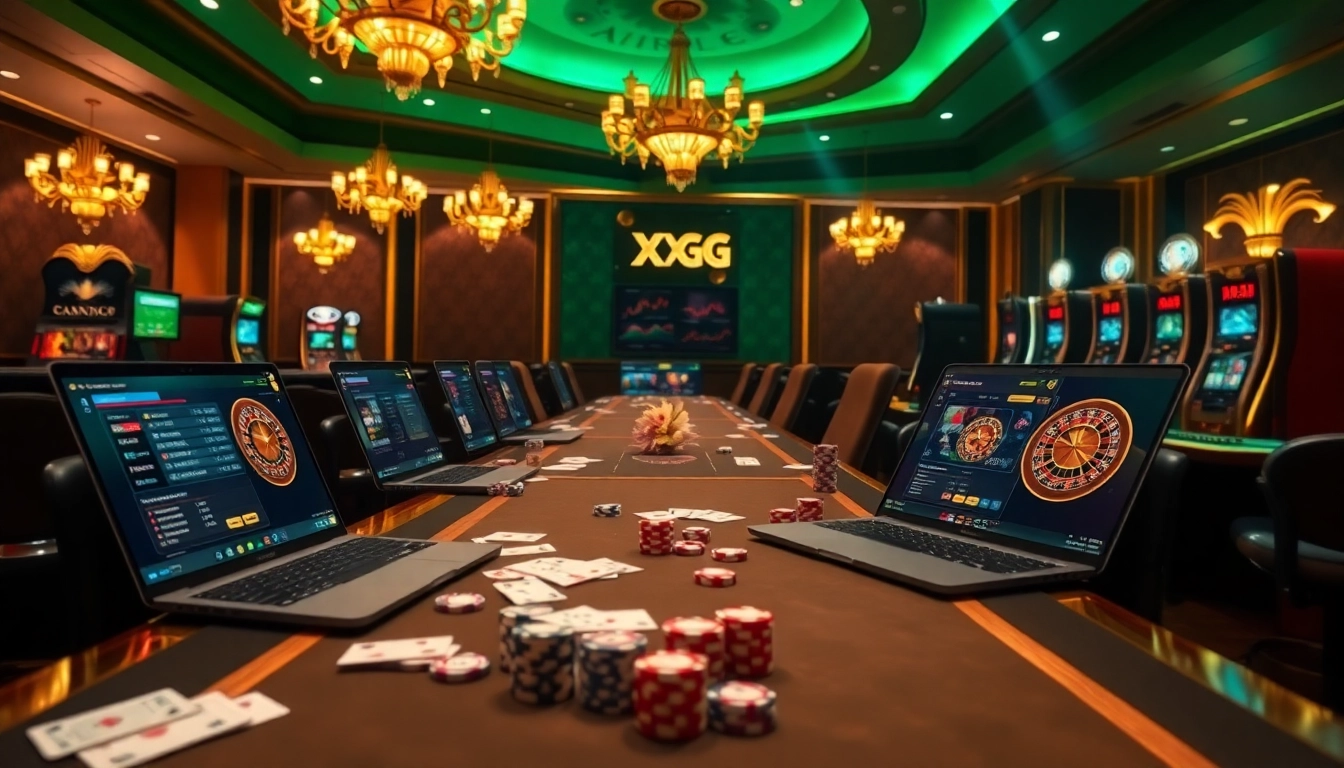 Placing bets on the XXGG platform with high-stakes poker and roulette in a luxurious casino setting.