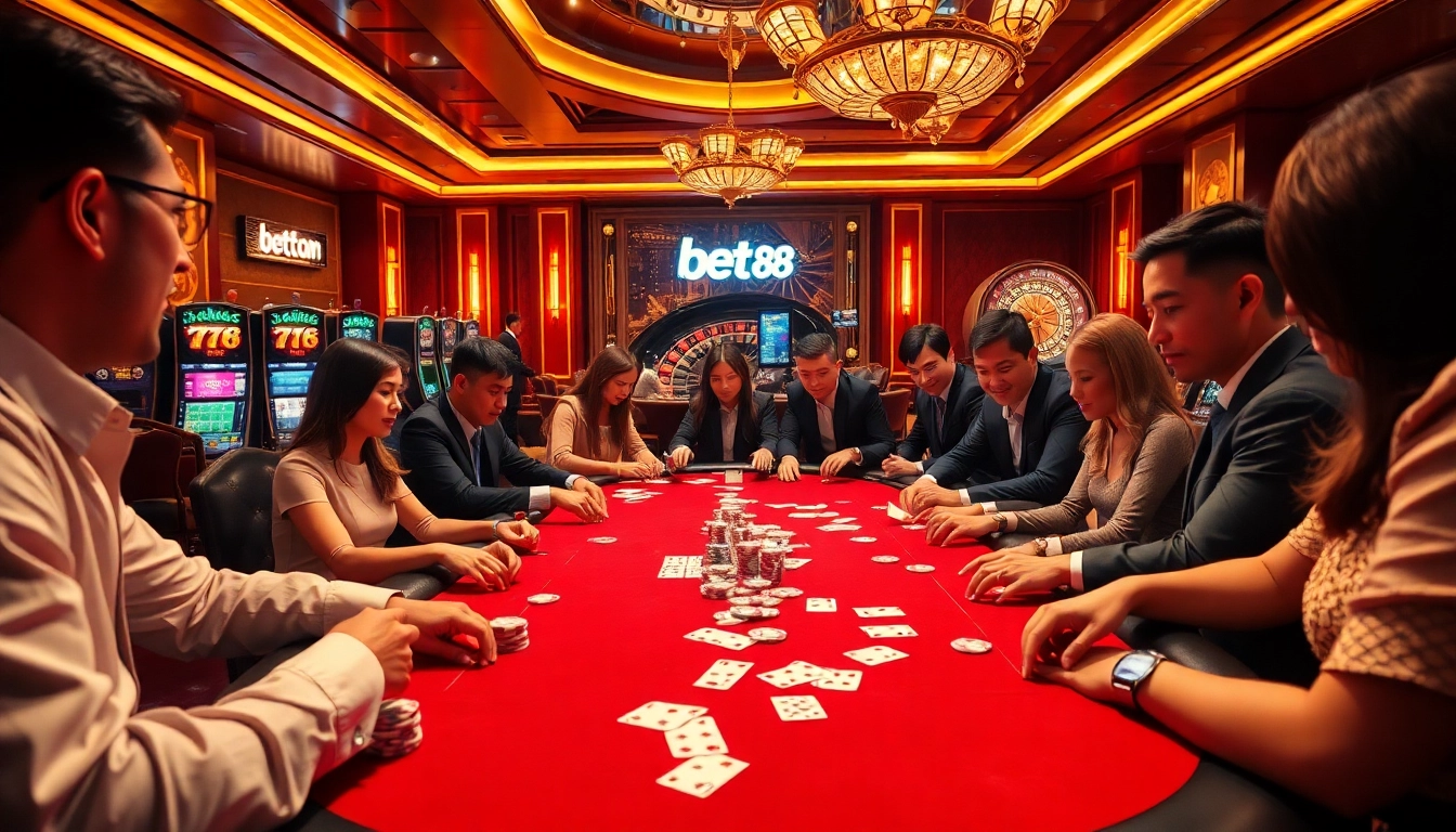 Engaging gamblers enjoying a thrilling poker game experience at bet 88 casino.
