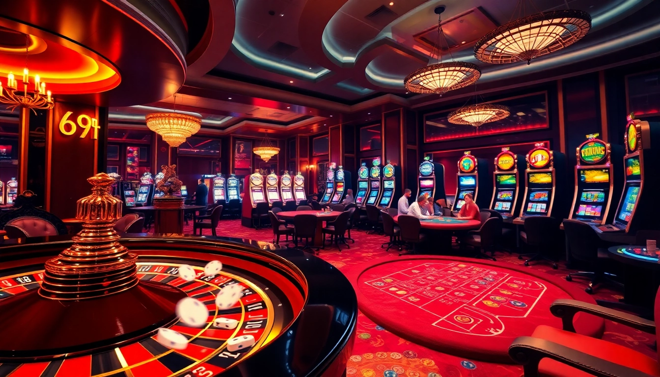 Experimente a emoção do jogo com a 69T em um ambiente de cassino sofisticado, com mesas de cartas vibrantes e rodas de roleta.
