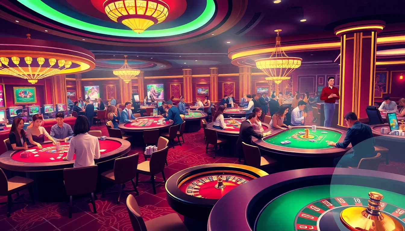 Exciting gambling scene with vibrant casino tables reflecting Nhà cái SHBET’s luxury experience.