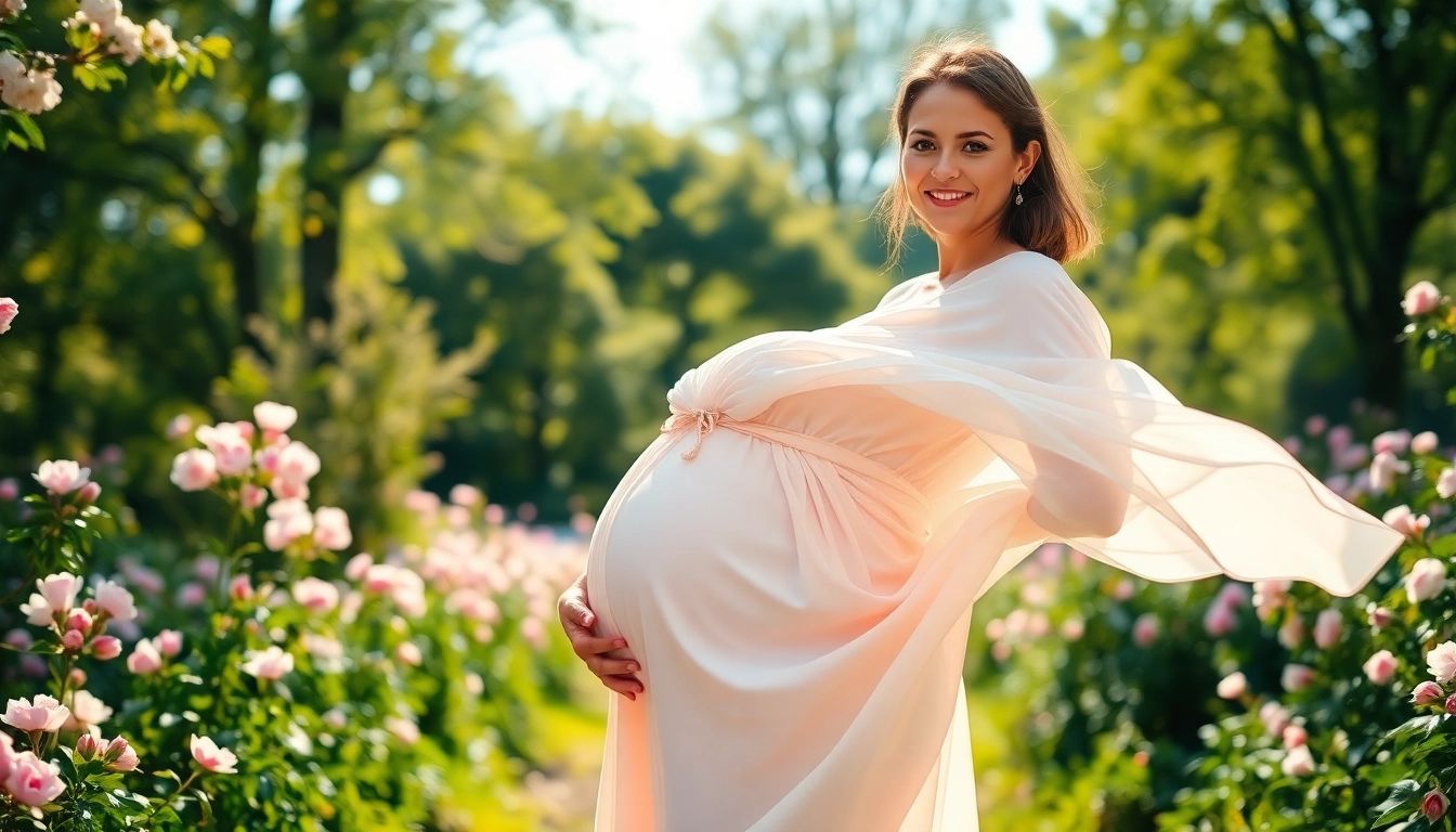 Beautiful baby bump captured during a Babybauch Fotoshooting in a serene garden.