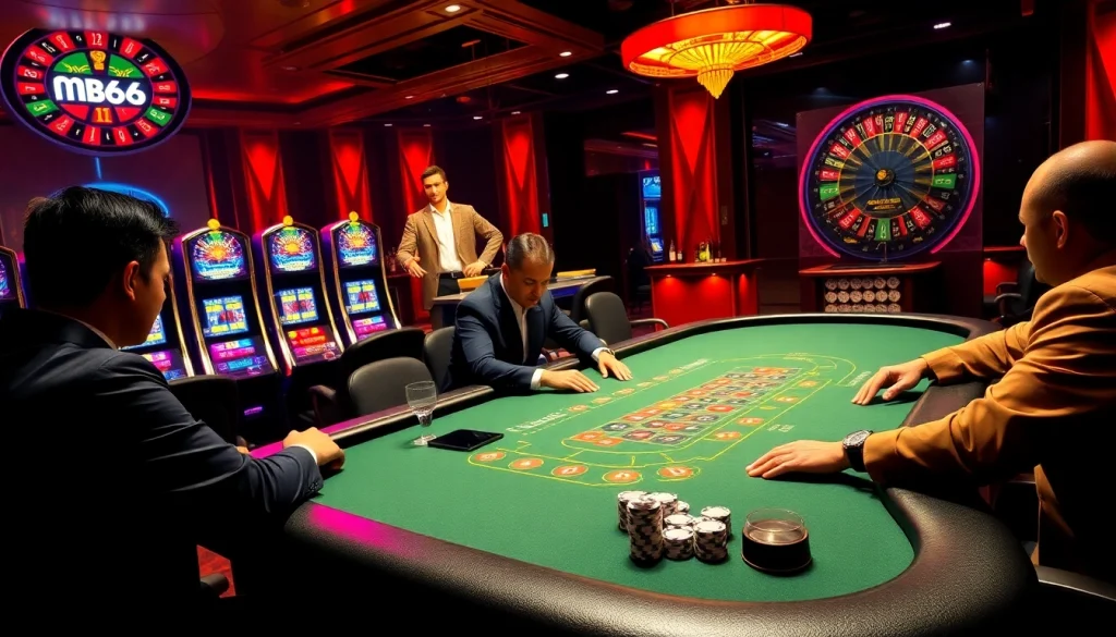 Exciting poker action at MB66 online casino with vibrant gaming tables and slot machines.