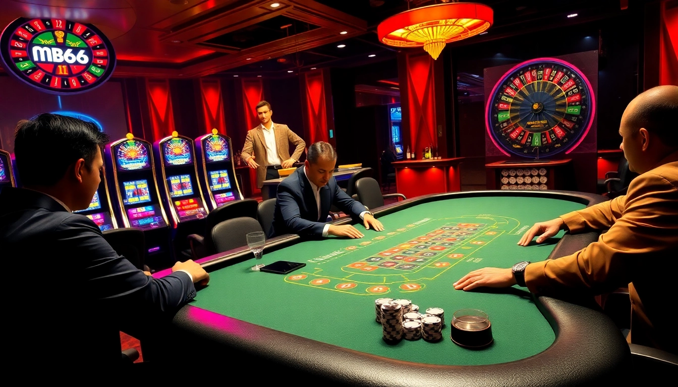 Exciting poker action at MB66 online casino with vibrant gaming tables and slot machines.