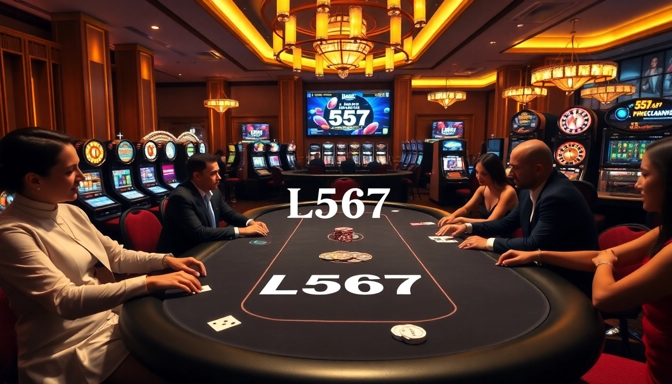 L567 poker table with elegant players and vibrant slot machines in a luxurious casino setting.