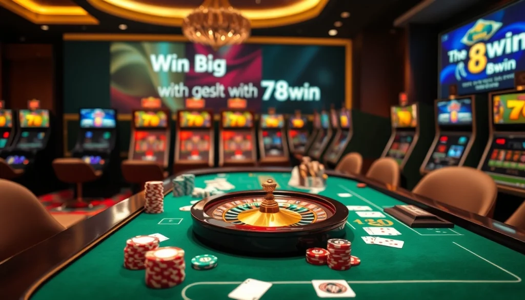 Experience luxury gambling with 78win at a vibrant casino table filled with chips and cards.