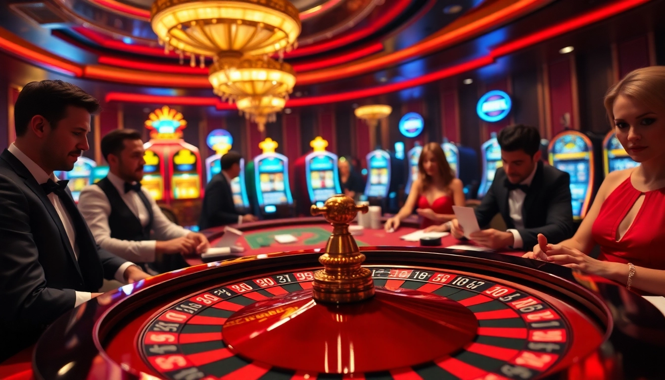 Players engaging in exciting casino action at DW8 with vibrant slot machines and roulette wheels.