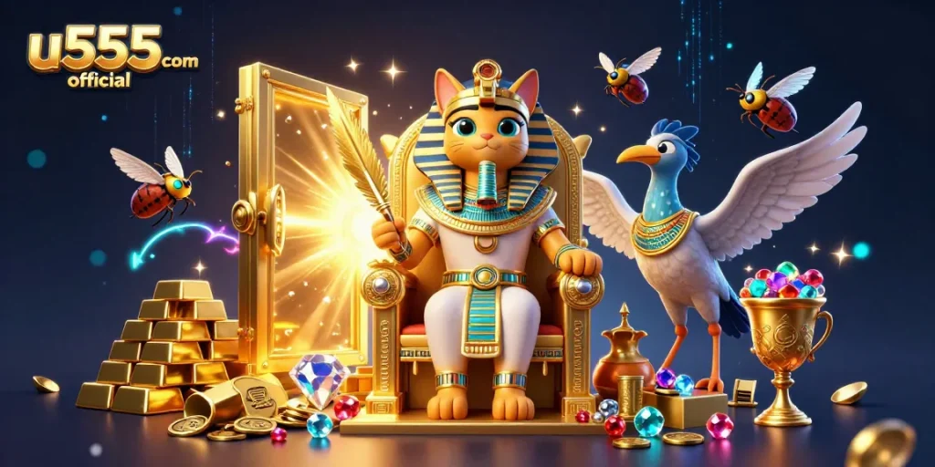 Experience the excitement at u555com official with a vibrant 3D illustration of Egyptian-themed casino treasures.