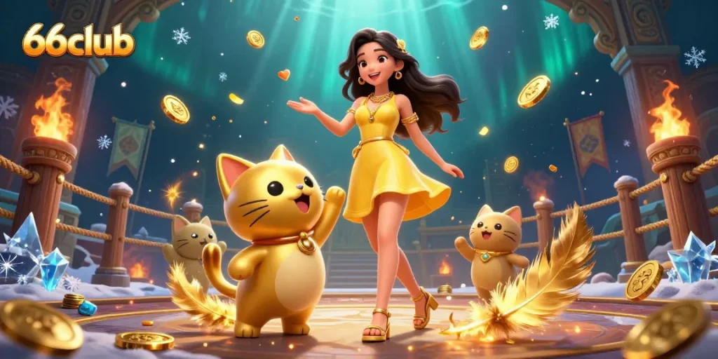 Join the fun at 66club, where a smiling woman interacts with a lucky cat amid floating coins and gaming excitement.