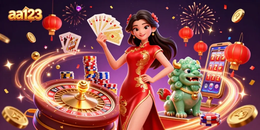 Interaja com aa123, apresentando uma cena vibrante de cassino com uma mulher em qipao, girando a roleta e moedas douradas.