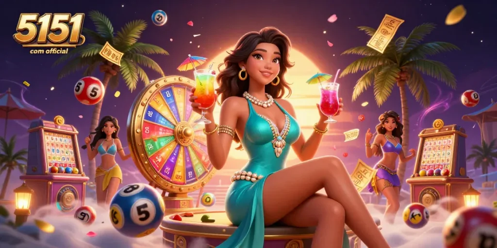 Experience excitement with 5151com official as colored lottery balls bounce dynamically in a vibrant casino scene.
