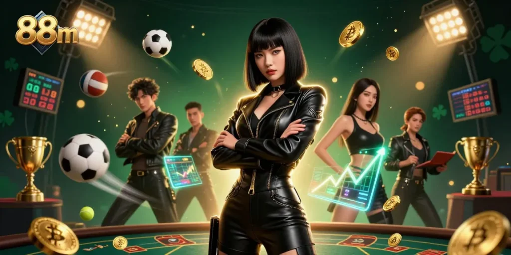 Experience thrilling wins with 88m in a dynamic futuristic casino scene packed with vibrant sports elements.