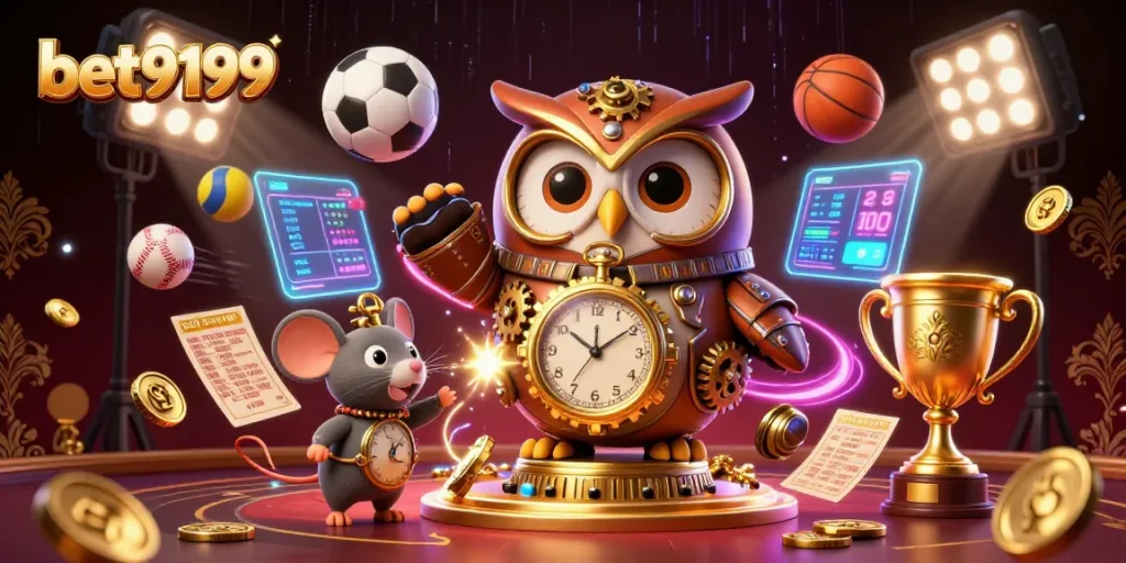 Bet9199 brings excitement to online gaming with a dynamic 3D illustration of casino elements and sports.