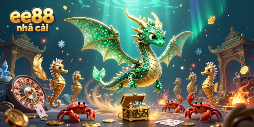 Engage with ee88 nhà cái through a vibrant casino scene featuring a majestic sea dragon and interactive elements.