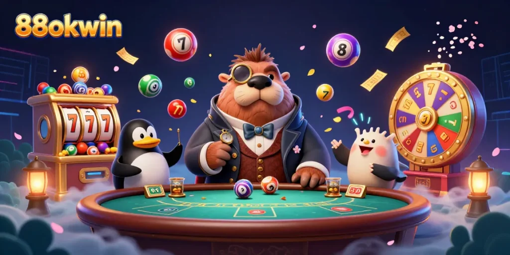 Catching big wins at 88okwin with a jolly walrus and fun gambling elements in a vibrant 3D casino scene.