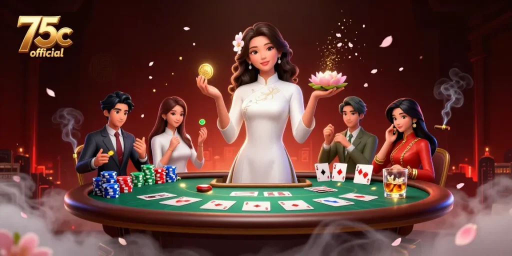 Experience dynamic gaming at 75c official with stunning casino illustration showcasing poker action.