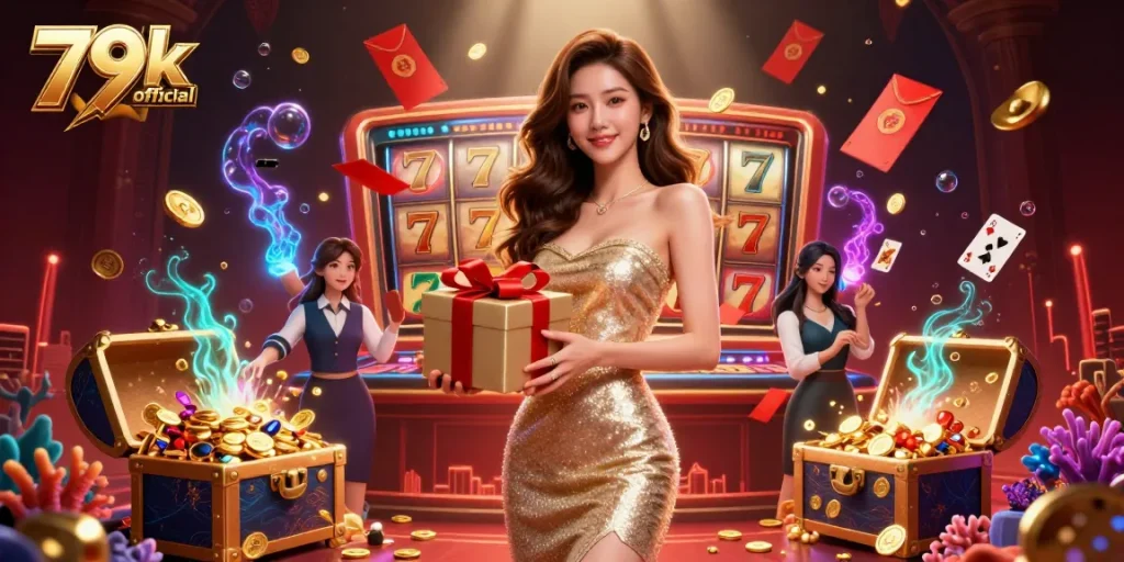 Engaging scene illustrating 79k official with a charming model celebrating casino winnings amidst vibrant elements, showcasing expert gambling visuals.