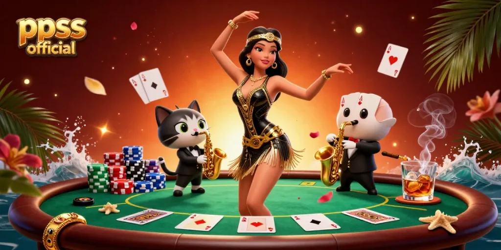 Engaging casino scene featuring ppss official brand with vibrant poker table and lively characters.