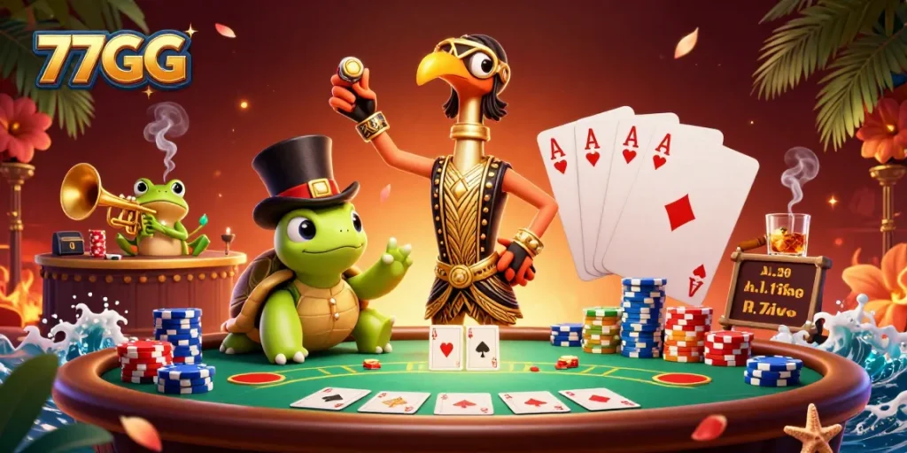 Engage in thrilling poker at 77GG with a dynamic casino atmosphere featuring vibrant characters.