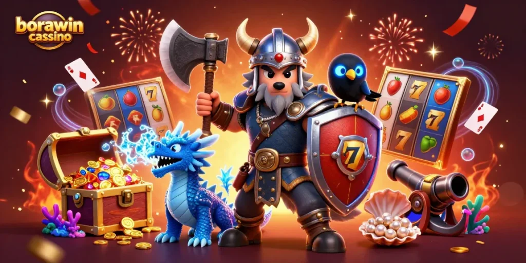 Experimente a emoção do borawin cassino com slots dinâmicos e personagens divertidos em uma cena vibrante.