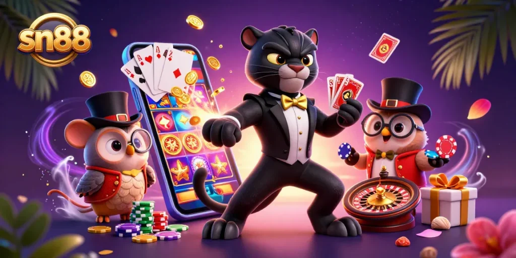 Experience the thrill at sn88 with vibrant casino elements and charming characters in a vibrant 3D scene.