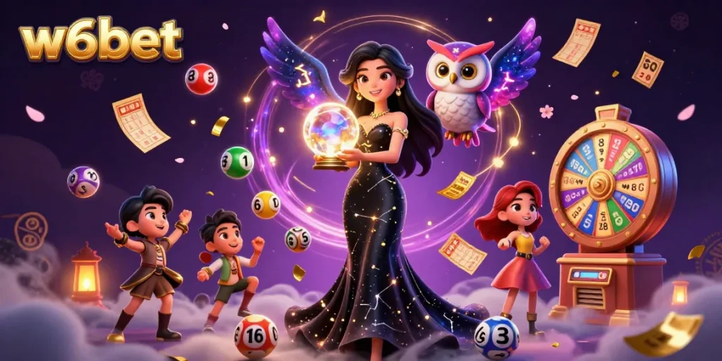 Participe de jogos emocionantes no w6bet, com elementos vibrantes de loteria e designs místicos.
