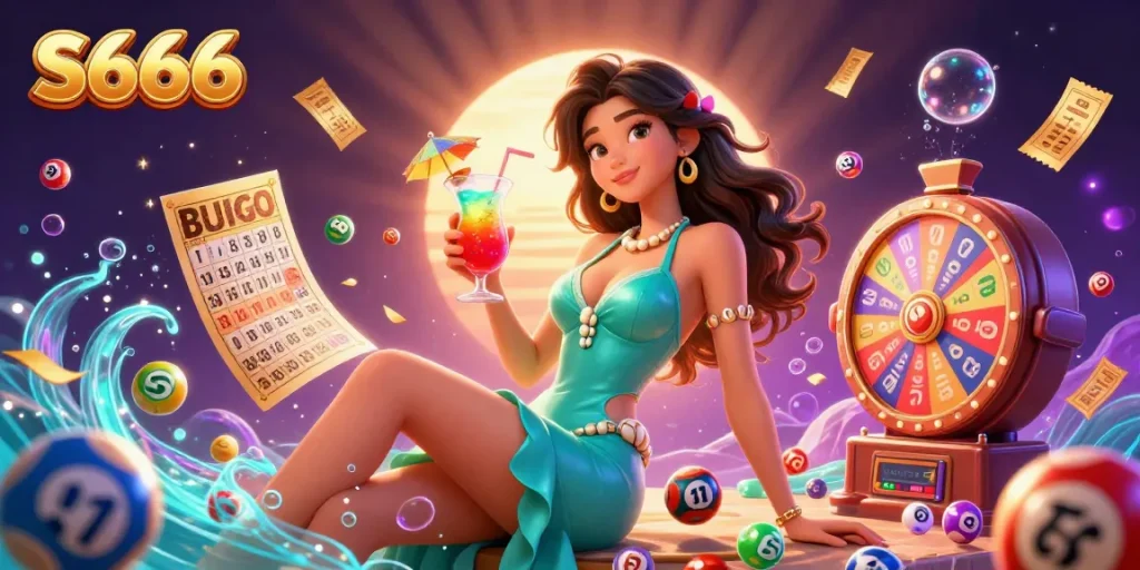 S666 captures the excitement of winning with vibrant games, colorful balls, and a glamorous setting.