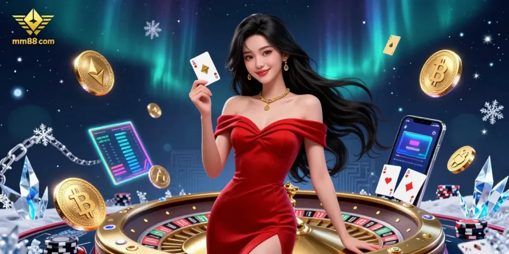 Experience thrilling gameplay at mm88 com with a stunning Asian casino dealer and golden roulette wheel.