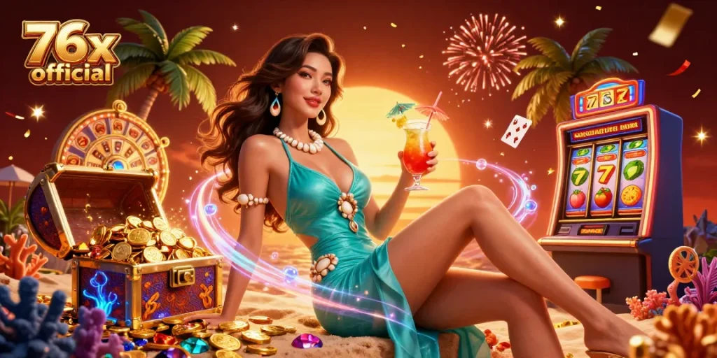 Experience vibrant online gaming with 76x official showcasing a casino paradise filled with slots and treasures.