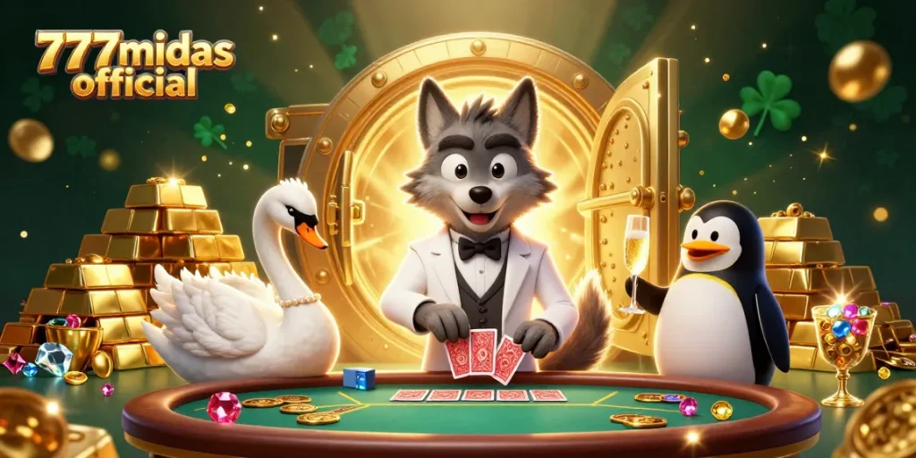 Experience winning moments with 777midas official featuring a charming wolf, swan, and penguin in a vibrant casino.
