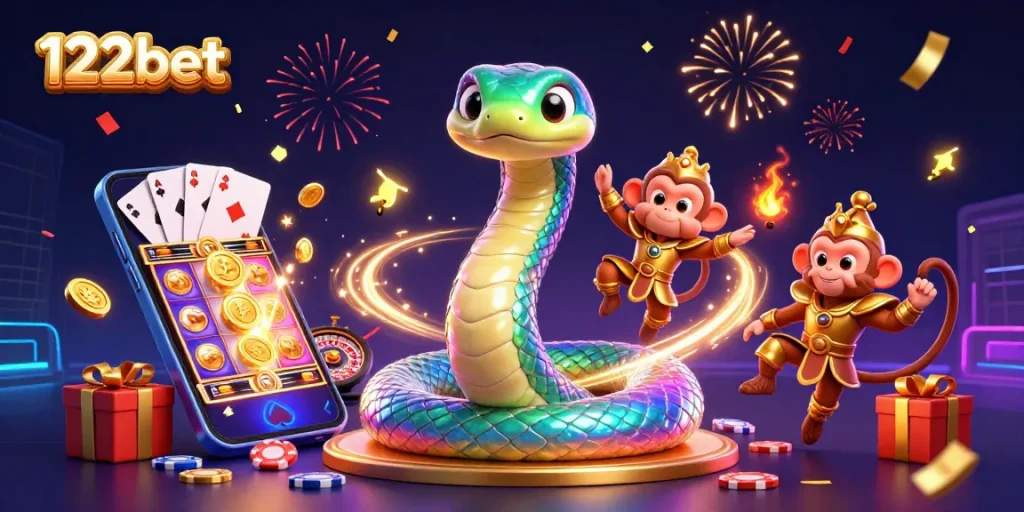 Experimente a emoção da 122bet com elementos vibrantes de cassino em uma ilustração dinâmica em 3D.